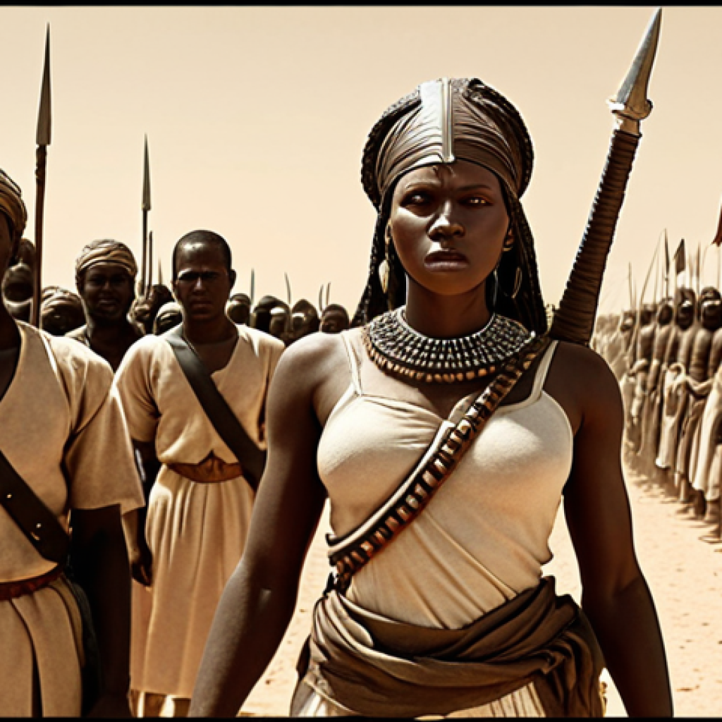 **

A powerful, stylized depiction of Sarraounia Mangou, a warrior queen, leading her people in resistance against French colonial forces in the late 19th century. The scene should convey both the bravery of the local population and the overwhelming power of the colonizers. Consider a sepia tone or a palette that reflects the harsh desert environment.

**