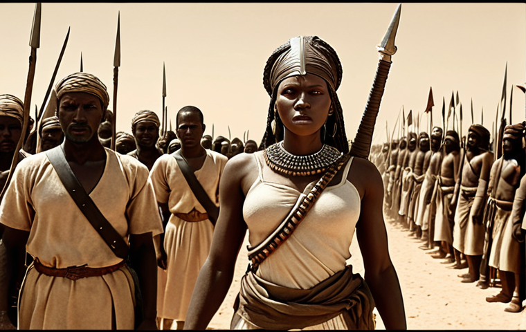 **

A powerful, stylized depiction of Sarraounia Mangou, a warrior queen, leading her people in resistance against French colonial forces in the late 19th century. The scene should convey both the bravery of the local population and the overwhelming power of the colonizers. Consider a sepia tone or a palette that reflects the harsh desert environment.

**