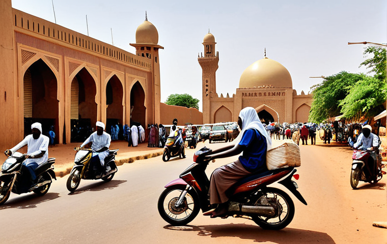 **

A bustling street scene in Niamey, Niger. Focus on the chaotic but vibrant atmosphere: Yellow "kabu-kabu" motorcycle taxis weaving through traffic near a landmark like the Grand Mosque. Include pedestrians, street vendors, and a sense of the city's energy. Capture the challenge of navigating a city without clear street grids.

**