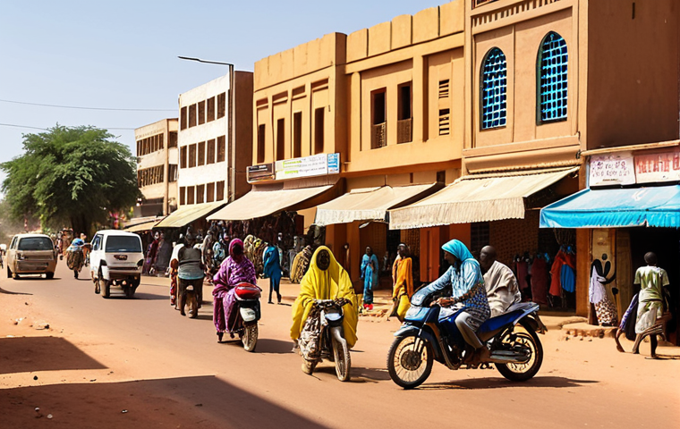 **A bustling street scene in downtown Niamey, Niger:** Capture the vibrant energy with street vendors, colorful clothing, and a mix of modern and traditional architecture. Show a busy intersection with cars, motorcycles, and pedestrians navigating the chaos. Include a mix of shadows and bright sunlight, reflecting the African climate.