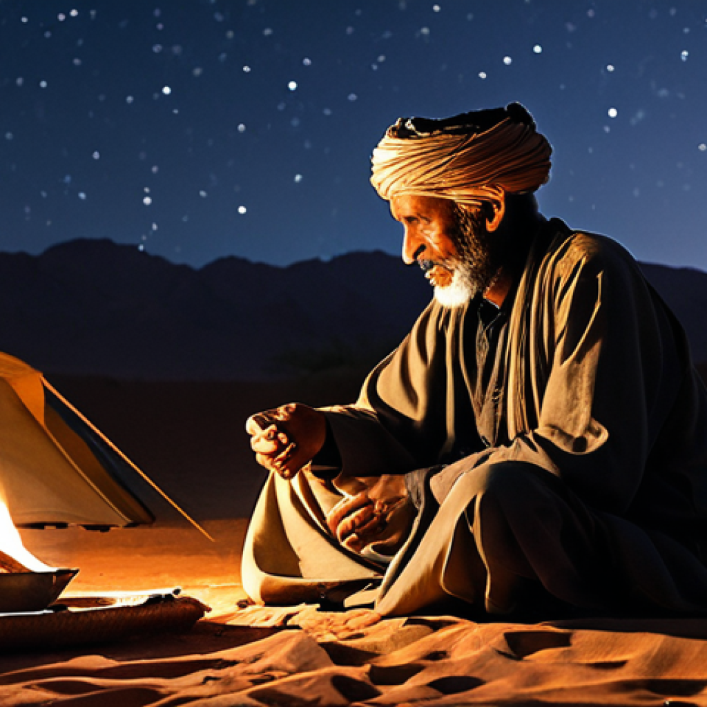 A wise, elderly Tuareg man with a serene expression, sharing tea. Dressed in traditional, flowing, modest Tuareg attire, including a fully covering turban and robes. Sitting gracefully inside a traditional tent or by a small, warm campfire under a magnificent, star-filled desert night sky in the Air Mountains, Niger. The ground is soft sand. He holds a small, ornate teapot and a glass, engaged in the tea-making ritual. The atmosphere is peaceful and respectful. professional photography, high detail, perfect anatomy, correct proportions, natural pose, well-formed hands, proper finger count, natural body proportions, fully clothed, modest clothing, appropriate attire, professional dress, safe for work, appropriate content, family-friendly.