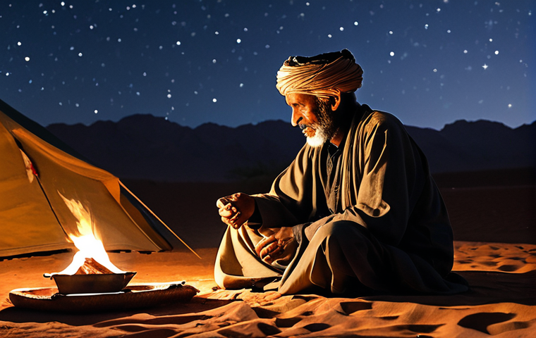A wise, elderly Tuareg man with a serene expression, sharing tea. Dressed in traditional, flowing, modest Tuareg attire, including a fully covering turban and robes. Sitting gracefully inside a traditional tent or by a small, warm campfire under a magnificent, star-filled desert night sky in the Air Mountains, Niger. The ground is soft sand. He holds a small, ornate teapot and a glass, engaged in the tea-making ritual. The atmosphere is peaceful and respectful. professional photography, high detail, perfect anatomy, correct proportions, natural pose, well-formed hands, proper finger count, natural body proportions, fully clothed, modest clothing, appropriate attire, professional dress, safe for work, appropriate content, family-friendly.