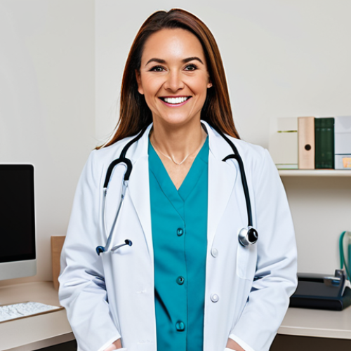 **

"A professional female doctor in a fully clothed, modest lab coat, smiling warmly in a bright and clean doctor's office, stethoscope around her neck, appropriate attire, safe for work, perfect anatomy, natural proportions, professional photography, high quality, family-friendly."

**