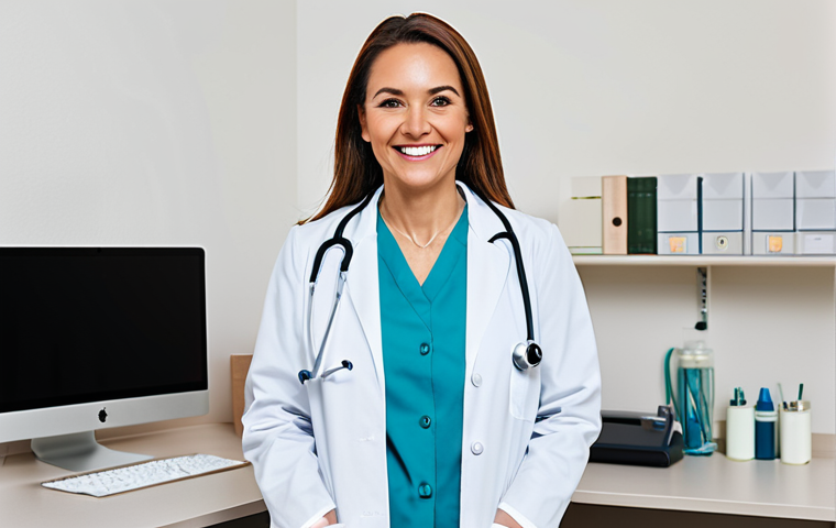 **
"A professional female doctor in a fully clothed, modest lab coat, smiling warmly in a bright and clean doctor's office, stethoscope around her neck, appropriate attire, safe for work, perfect anatomy, natural proportions, professional photography, high quality, family-friendly."
**