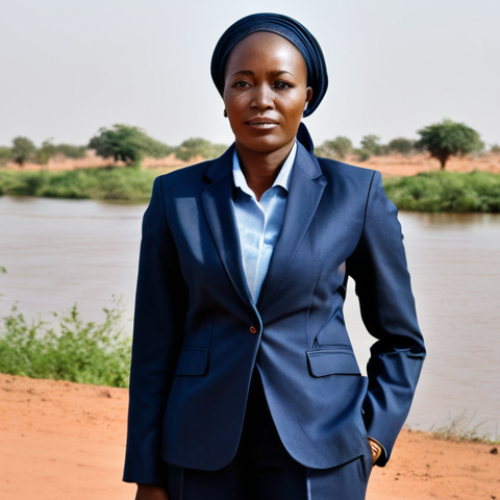 ** A fully clothed professional businesswoman in a modest, tailored suit stands confidently in front of the Niger River in Niamey, Niger. Appropriate attire, safe for work, perfect anatomy, natural proportions, professional photography, high quality.

**
