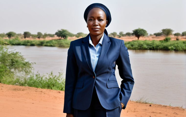 ** A fully clothed professional businesswoman in a modest, tailored suit stands confidently in front of the Niger River in Niamey, Niger. Appropriate attire, safe for work, perfect anatomy, natural proportions, professional photography, high quality.
**