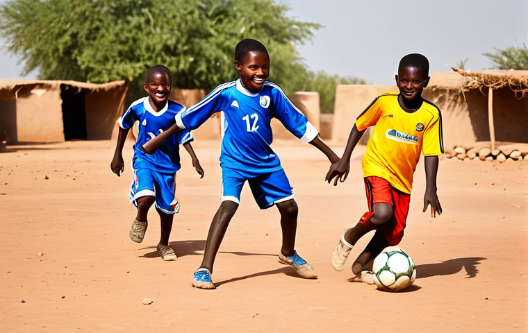 니제르에서 인기 있는 스포츠 - Football Passion**
"A vibrant scene of children playing football (soccer) in a Niger village, fully...