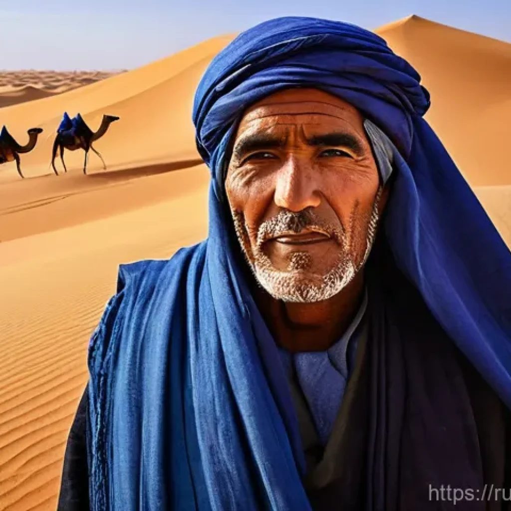 니제르에서 관광 비즈니스 기회 - **Prompt:** A vibrant scene depicting authentic Tuareg hospitality in the vast Sahara Desert. A Tuar...