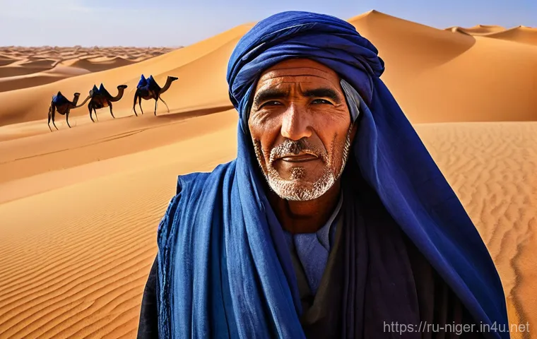 니제르에서 관광 비즈니스 기회 - **Prompt:** A vibrant scene depicting authentic Tuareg hospitality in the vast Sahara Desert. A Tuar...