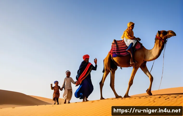 니제르에서 가족 여행 추천 코스 - A joyful family (father, mother, and two children, aged approximately 7 and 10) on a camel safari th...