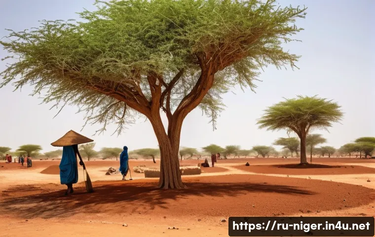 니제르의 국제 원조 및 지원 현황 - **Prompt:** A vast, sun-baked landscape in Niger, with a dusty, reddish-brown ground stretching towa...