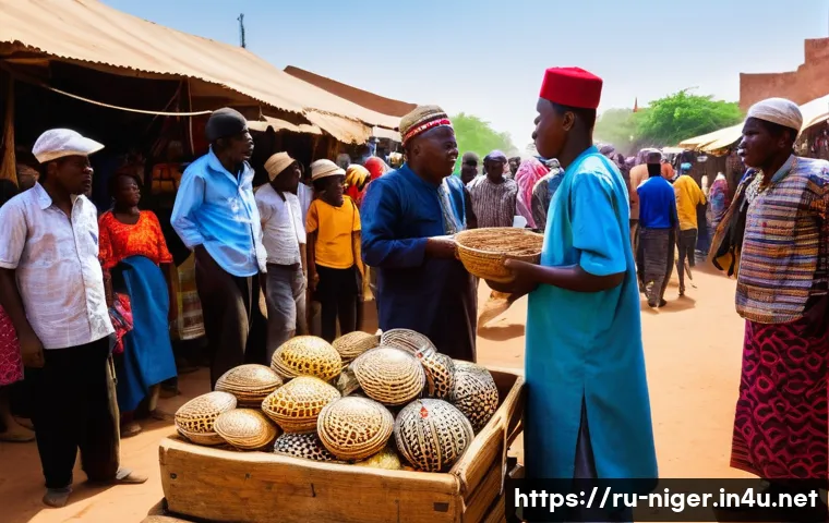 니제르 여행 중 스캠 및 사기 주의 - A vibrant, bustling outdoor market in Niamey, Niger, filled with colorful stalls under a bright sky....