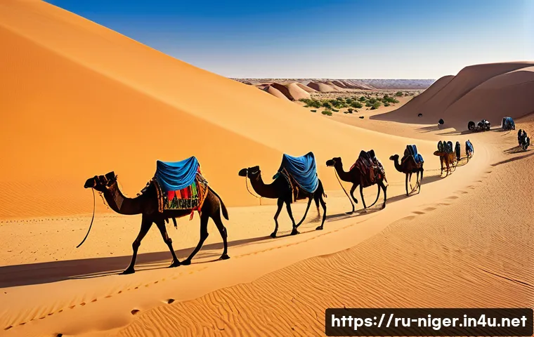 니제르에서 역사적 사건이 일어난 장소 - A vibrant scene depicting an ancient caravan crossing the vast desert landscape of northern Niger un...