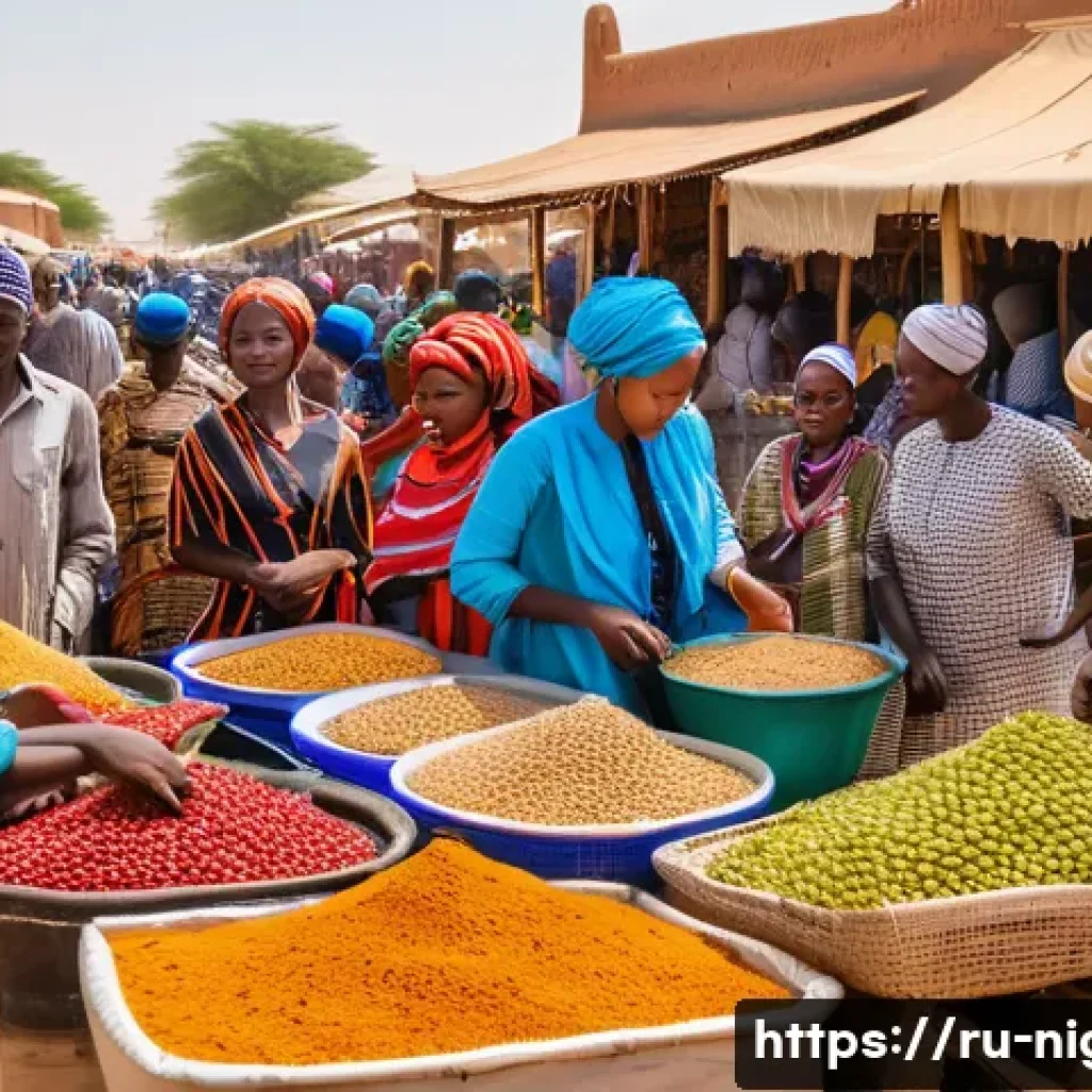 니제르 주요 부족과 언어 - A vibrant Nigerien market scene featuring diverse ethnic groups such as Hausa, Fulbe, and Zarma peop...