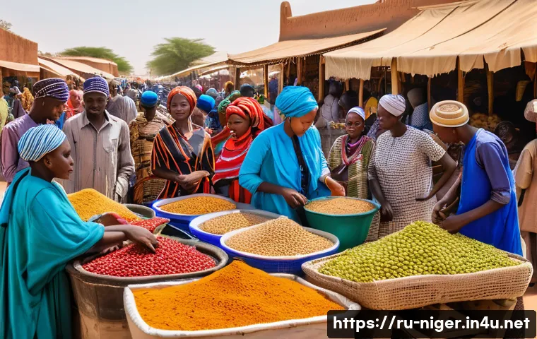 니제르 주요 부족과 언어 - A vibrant Nigerien market scene featuring diverse ethnic groups such as Hausa, Fulbe, and Zarma peop...