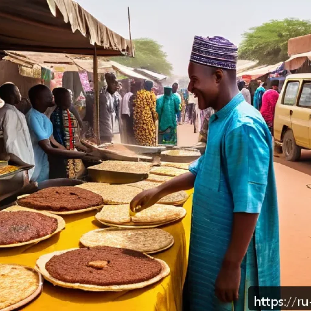 니제르 레스토랑 추천 - A vibrant street food market scene in Niamey, Niger, bustling with smiling local vendors selling fre...