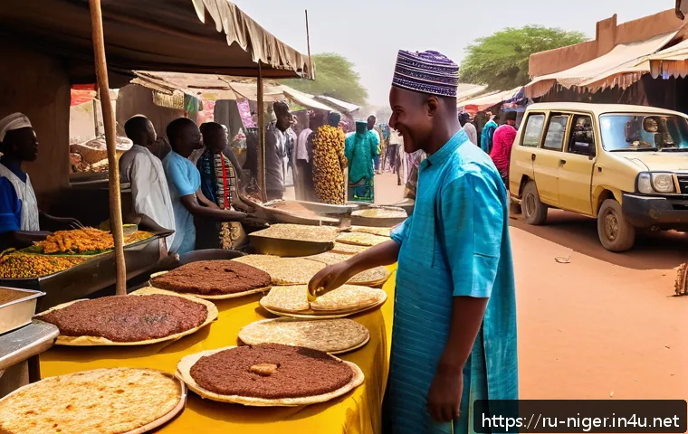니제르 레스토랑 추천 - A vibrant street food market scene in Niamey, Niger, bustling with smiling local vendors selling fre...