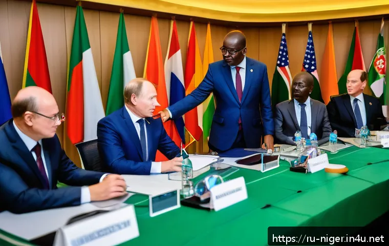 니제르와 주변국 외교 관계 - A detailed scene showing a diplomatic meeting in Niger featuring representatives from France, USA, C...