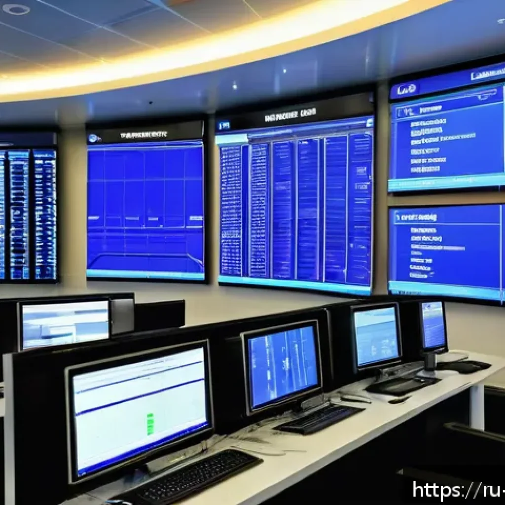 니제르 기차 및 철도 시스템 - A modern railway control center with large digital screens displaying real-time train tracking data,...