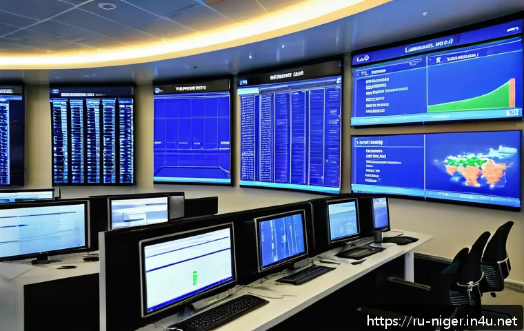 니제르 기차 및 철도 시스템 - A modern railway control center with large digital screens displaying real-time train tracking data,...