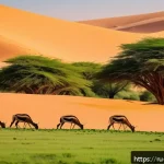 Home 21 니제르에서 텐트 숙박 가능 지역 - A panoramic view of a national park in Niger during the cool season, showcasing vast sandy dunes ble...