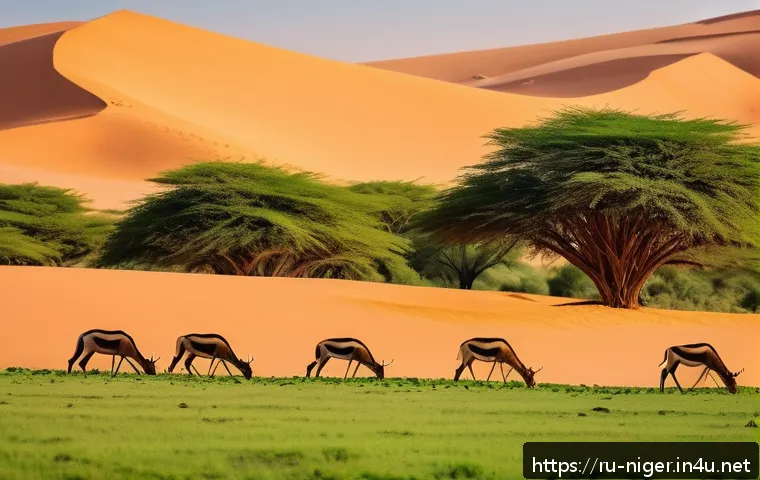 니제르에서 텐트 숙박 가능 지역 - A panoramic view of a national park in Niger during the cool season, showcasing vast sandy dunes ble...