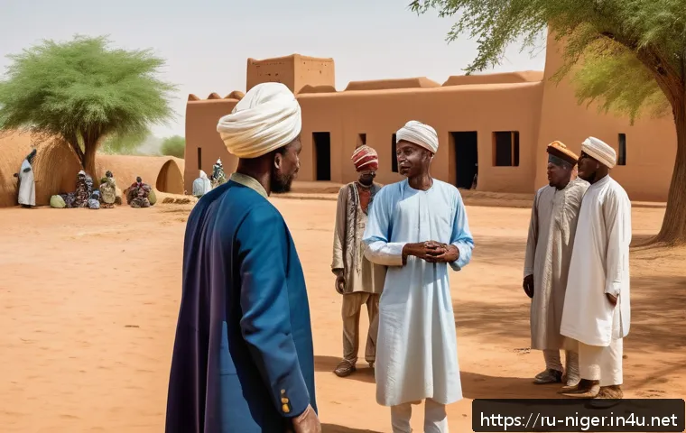 니제르의 프랑스 식민지 역사 - A detailed historical scene depicting French colonial administrators and local Nigerien leaders coll...