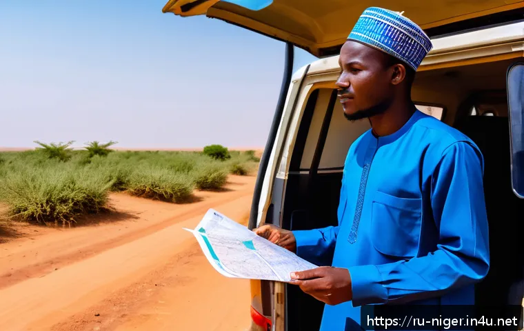 니제르 치안과 위험 요소 - A cautious traveler in Niger dressed in modest, culturally respectful clothing suitable for an Islam...