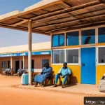 Home 18 니제르 국내 항공편 이용 가이드 - A small regional airport terminal in Niger during a sunny day, showing a modest building with simple...