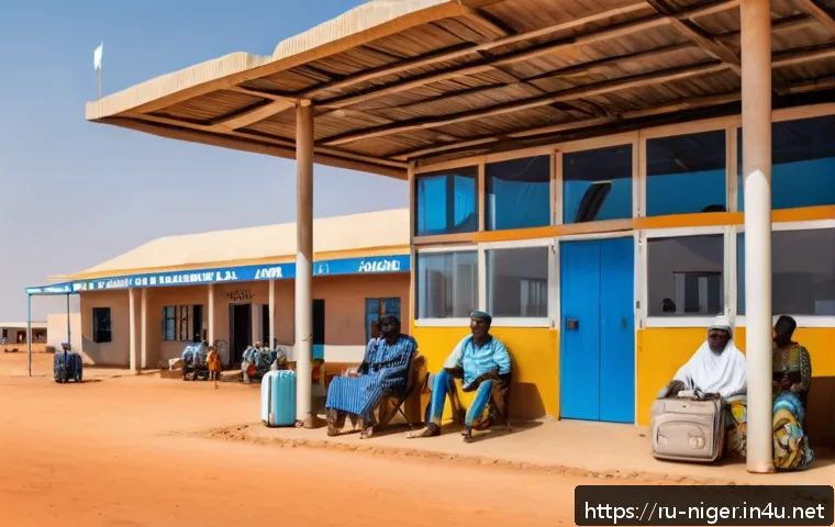 니제르 국내 항공편 이용 가이드 - A small regional airport terminal in Niger during a sunny day, showing a modest building with simple...