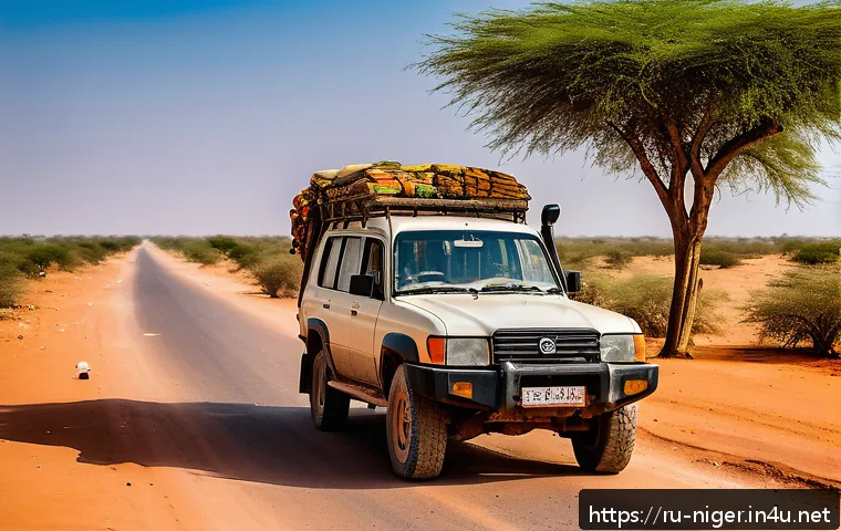 니제르의 주요 도로 및 교통 안전 - A detailed scene of a paved highway stretching from Niamey to Agadez in Niger during the dry season,...