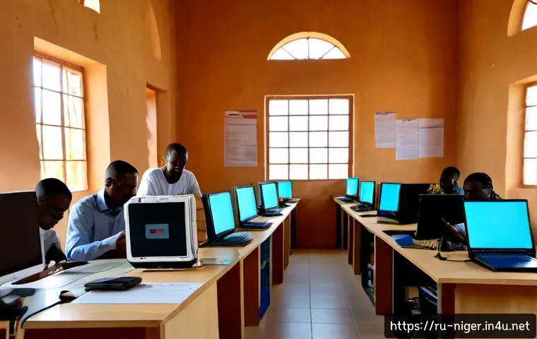 Home 17 니제르의 IT 및 기술 산업 현황 - Photorealistic modern technology hub in Niamey, Niger, diverse Nigerien software developers and entr...