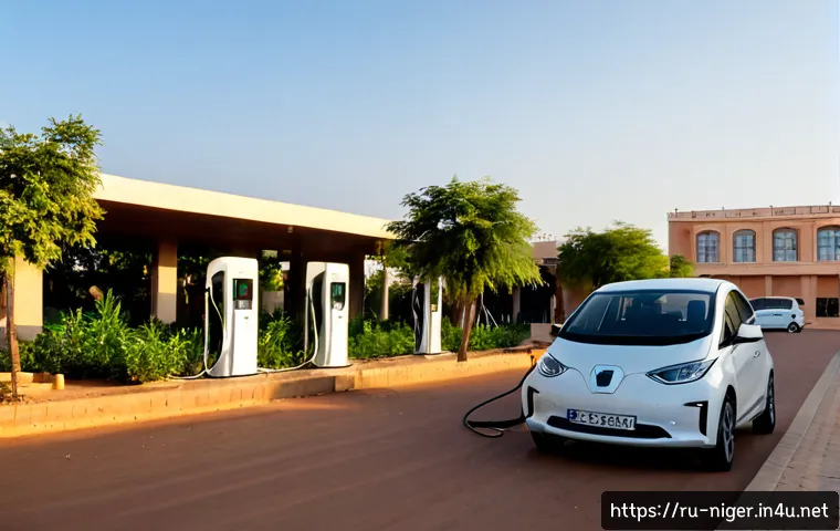 Home 17 니제르에서 전기차 충전소 보급 현황 - Photorealistic wide-angle scene of a modern electric vehicle charging station beside a paved road in...