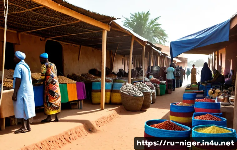 Home 17 니제르에서 유명한 마켓 및 쇼핑 - Photorealistic morning scene at a vibrant open-air market in Niamey, Niger, wide eye-level compositi...